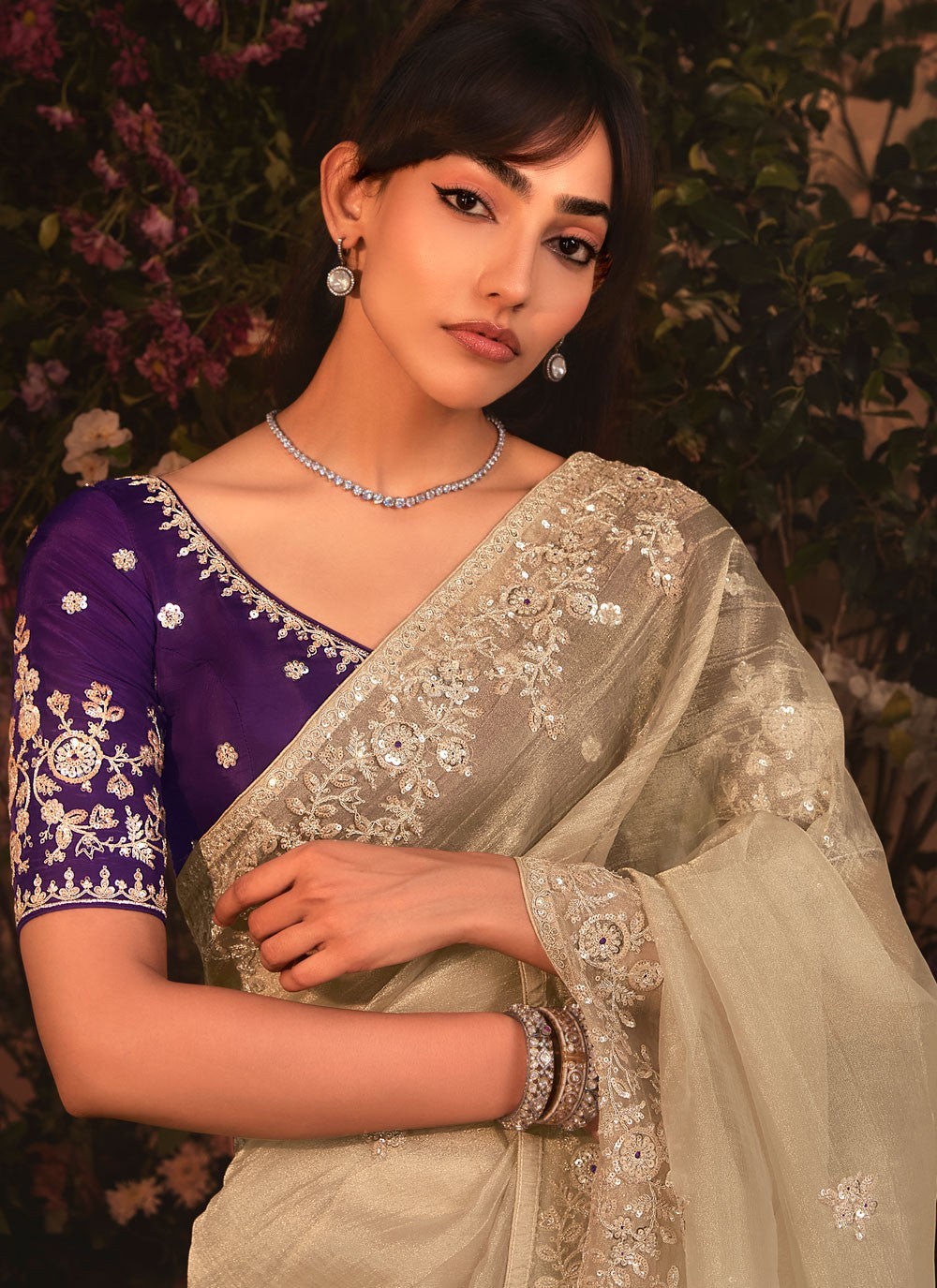Beige Organza Classic Saree Border Work, Cut Work, Embroidered, Sequins, Zari S19407