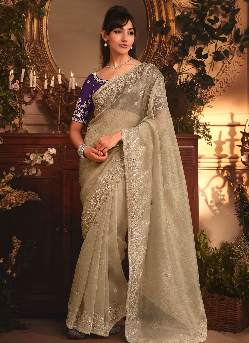 Beige Organza Classic Saree Border Work, Cut Work, Embroidered, Sequins, Zari S19407