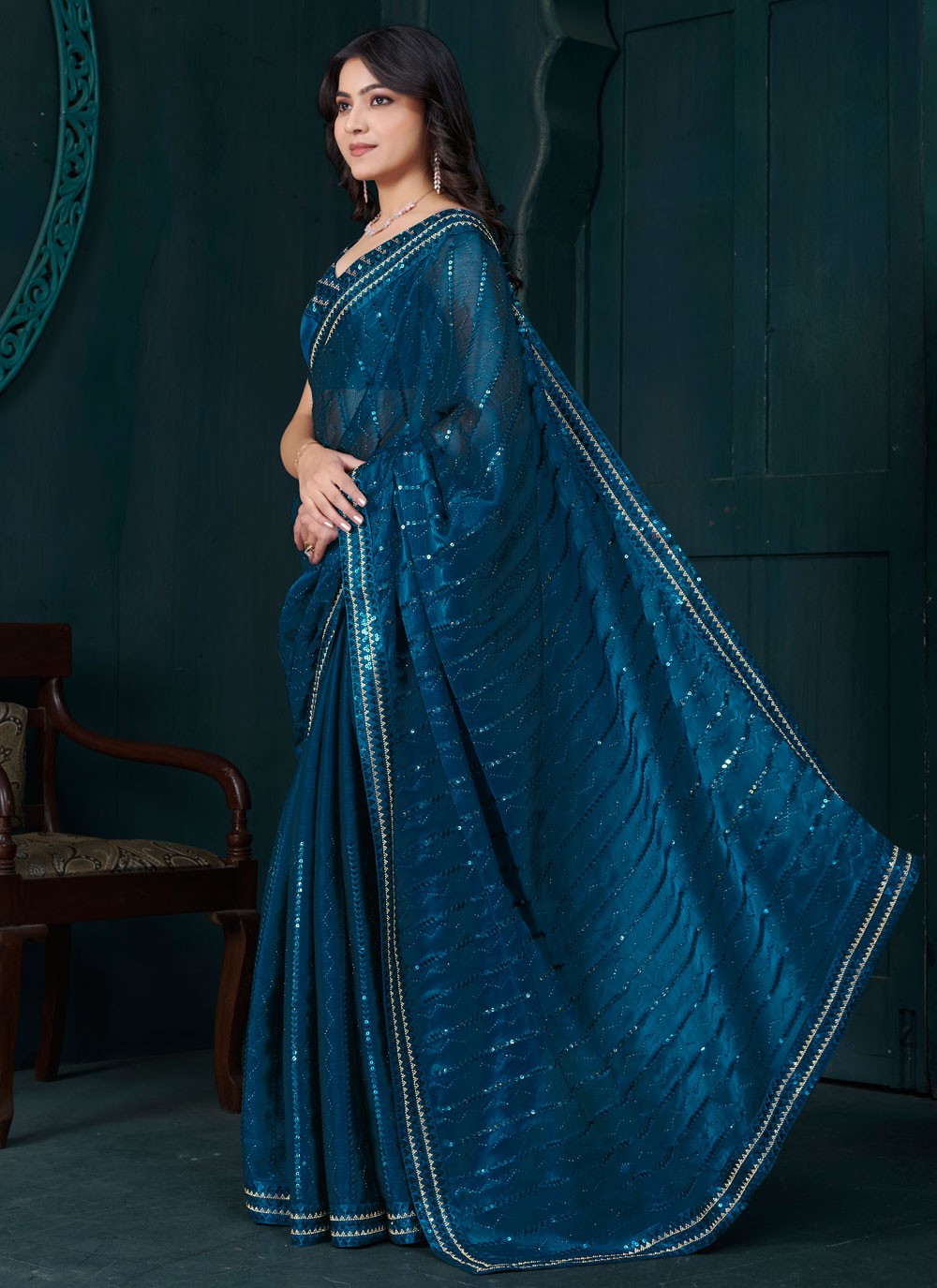 Sequins Organza Morpeach Contemporary Saree S15204