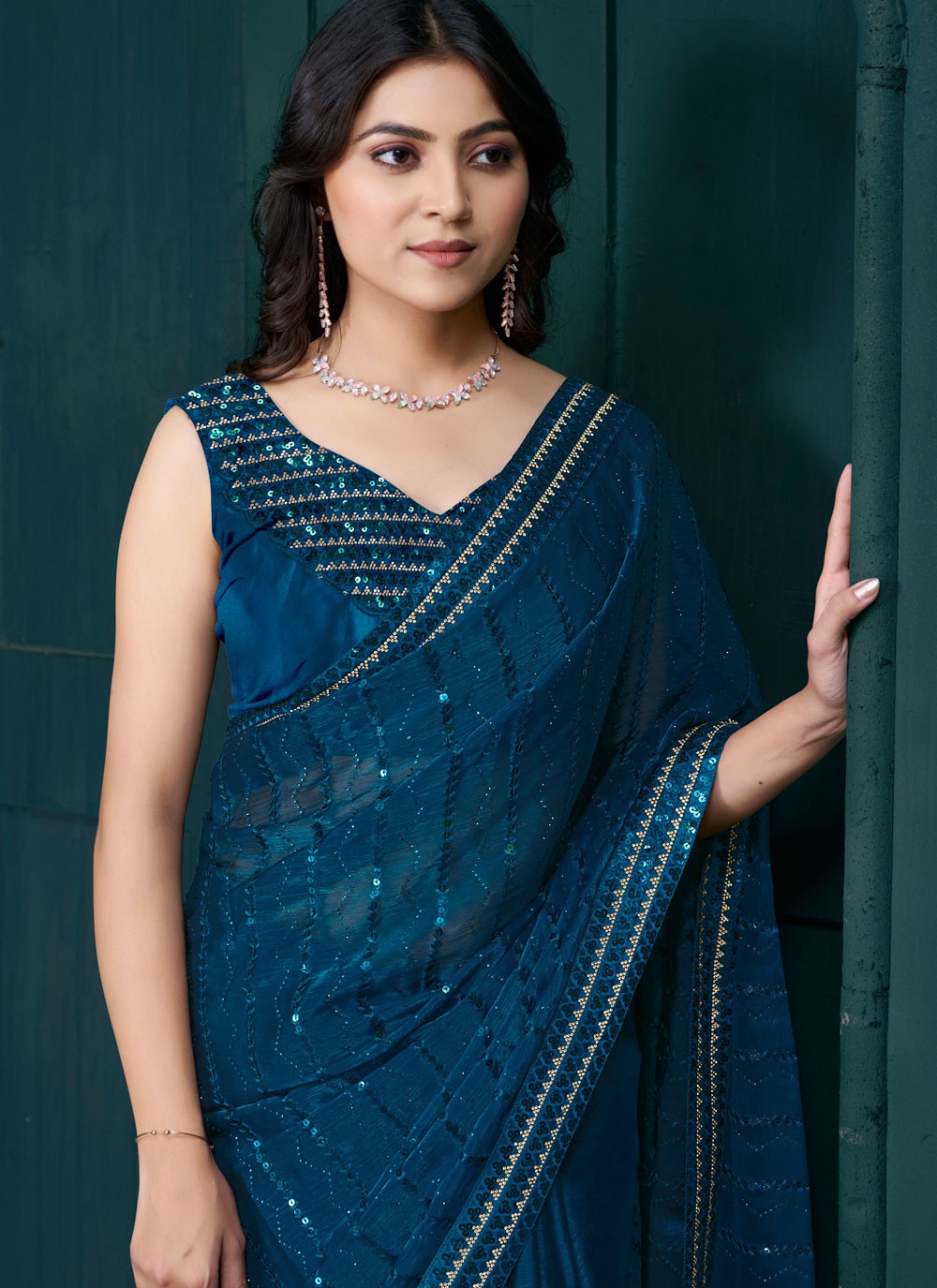 Sequins Organza Morpeach Contemporary Saree S15204