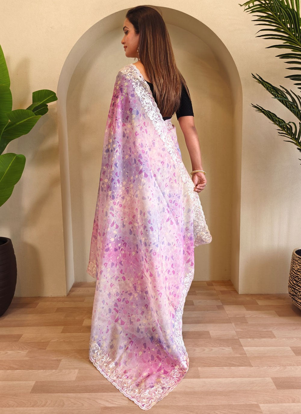 Multi Colour Organza Classic Saree Cut Work, Embroidered, Printed, Sequins S15729