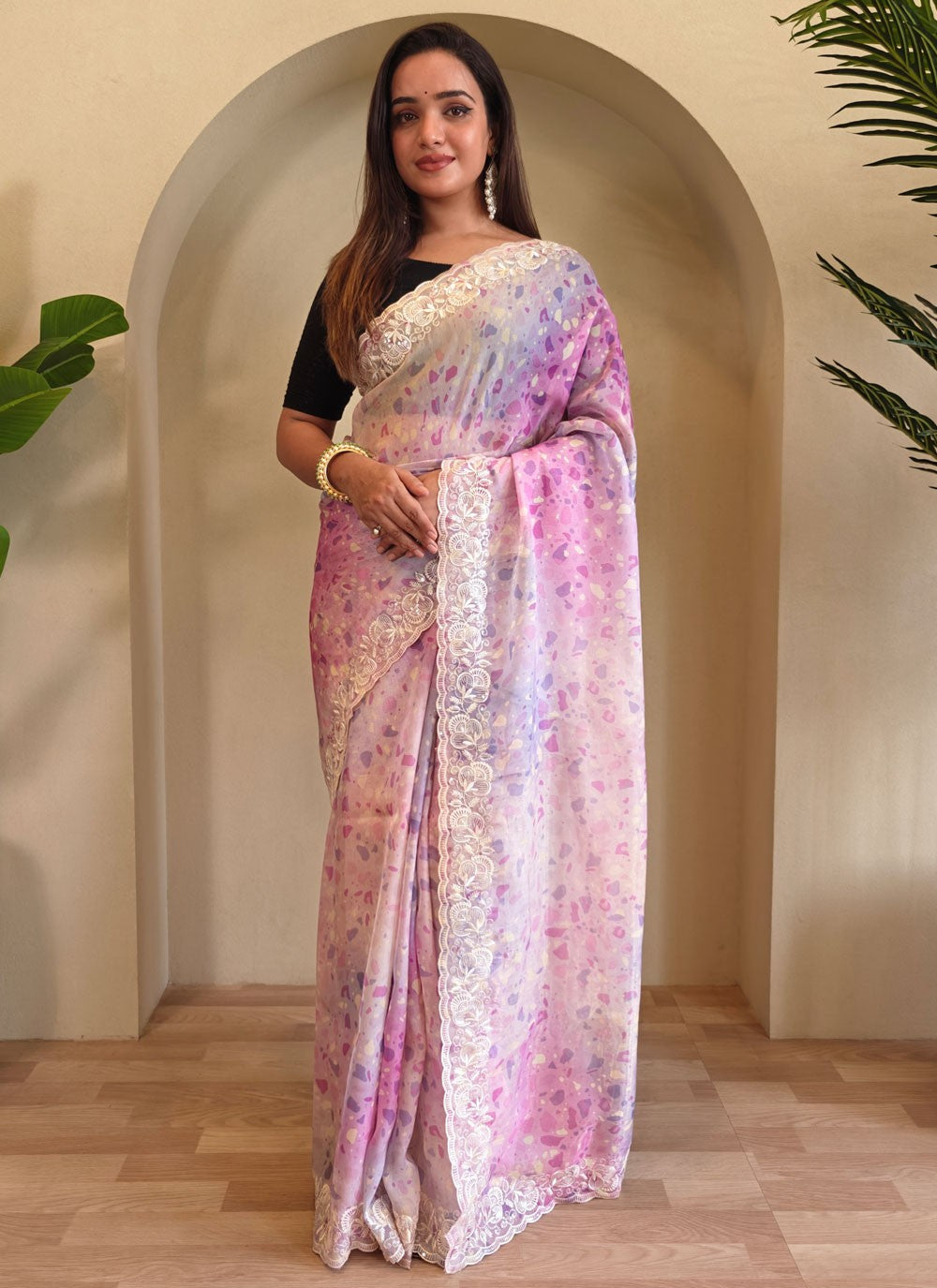 Multi Colour Organza Classic Saree Cut Work, Embroidered, Printed, Sequins S15729