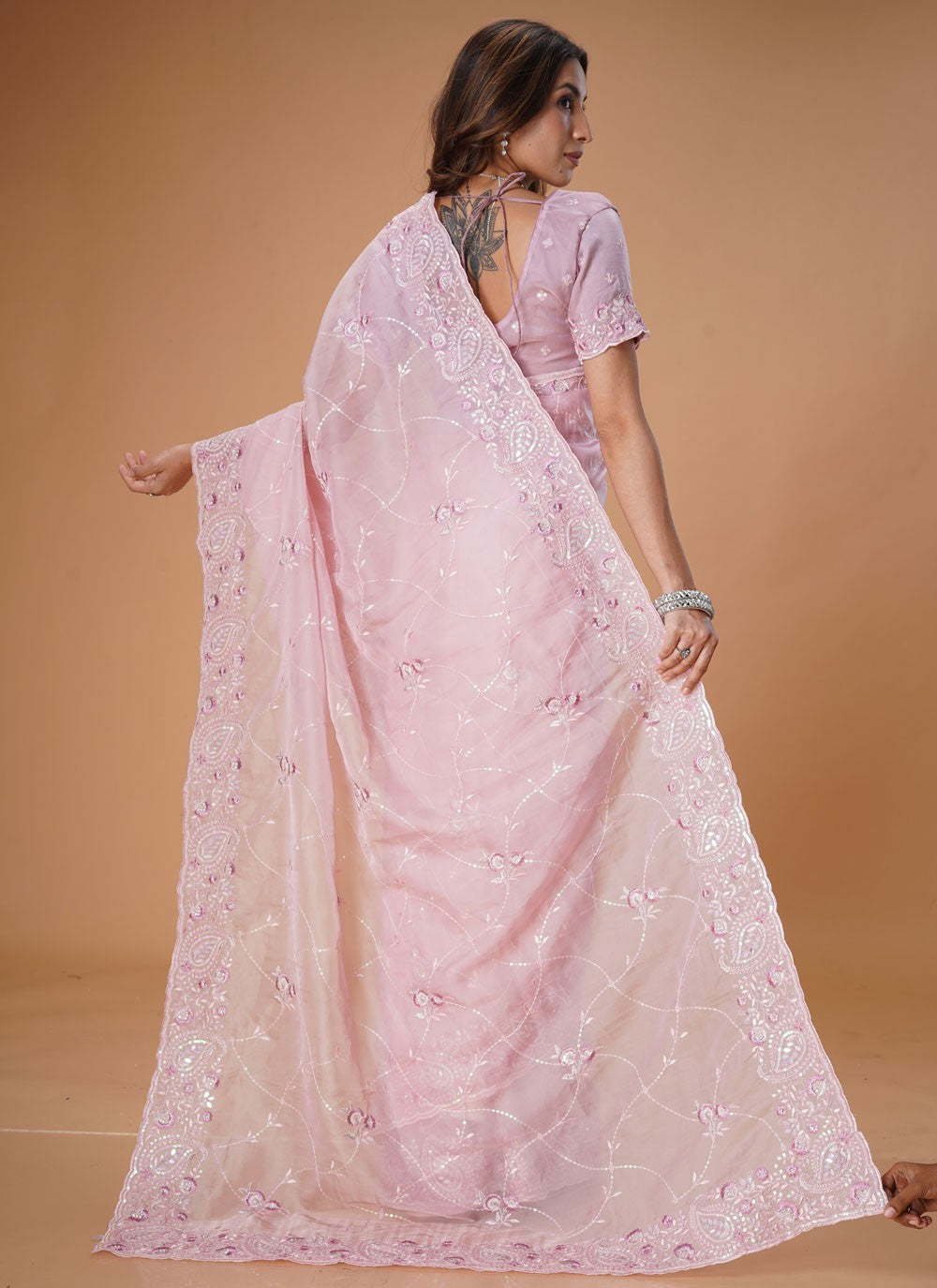 Embroidered Organza Pink Traditional Saree S15482