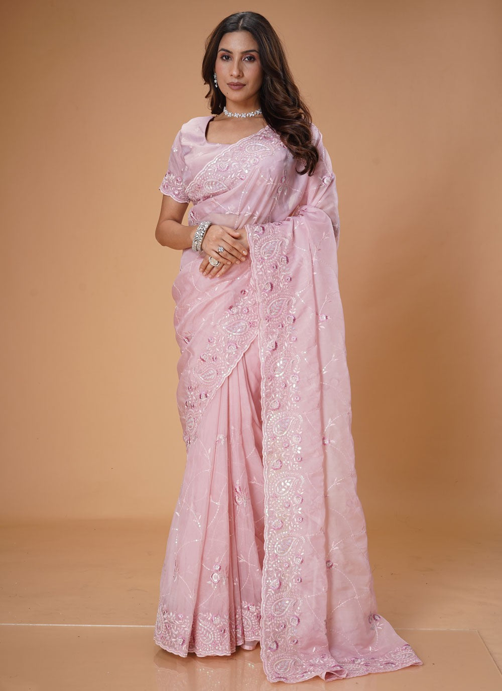 Embroidered Organza Pink Traditional Saree S15482