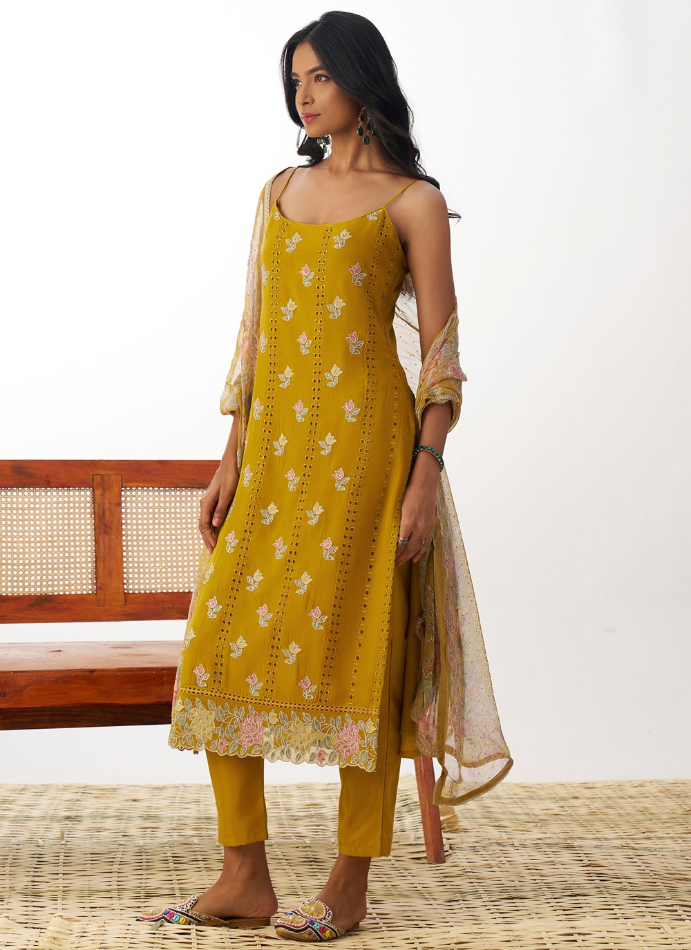 Pant Style Suit Embroidered, Fancy Work, Stones Mustard T6909