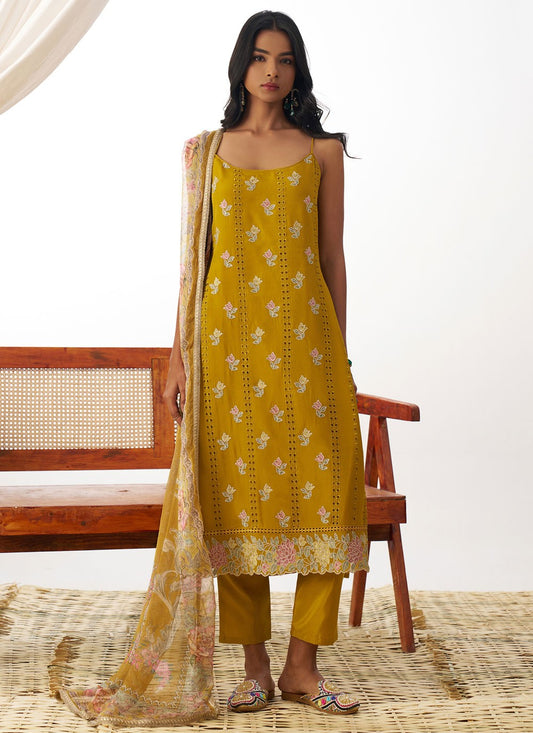 Pant Style Suit Embroidered, Fancy Work, Stones Mustard T6909