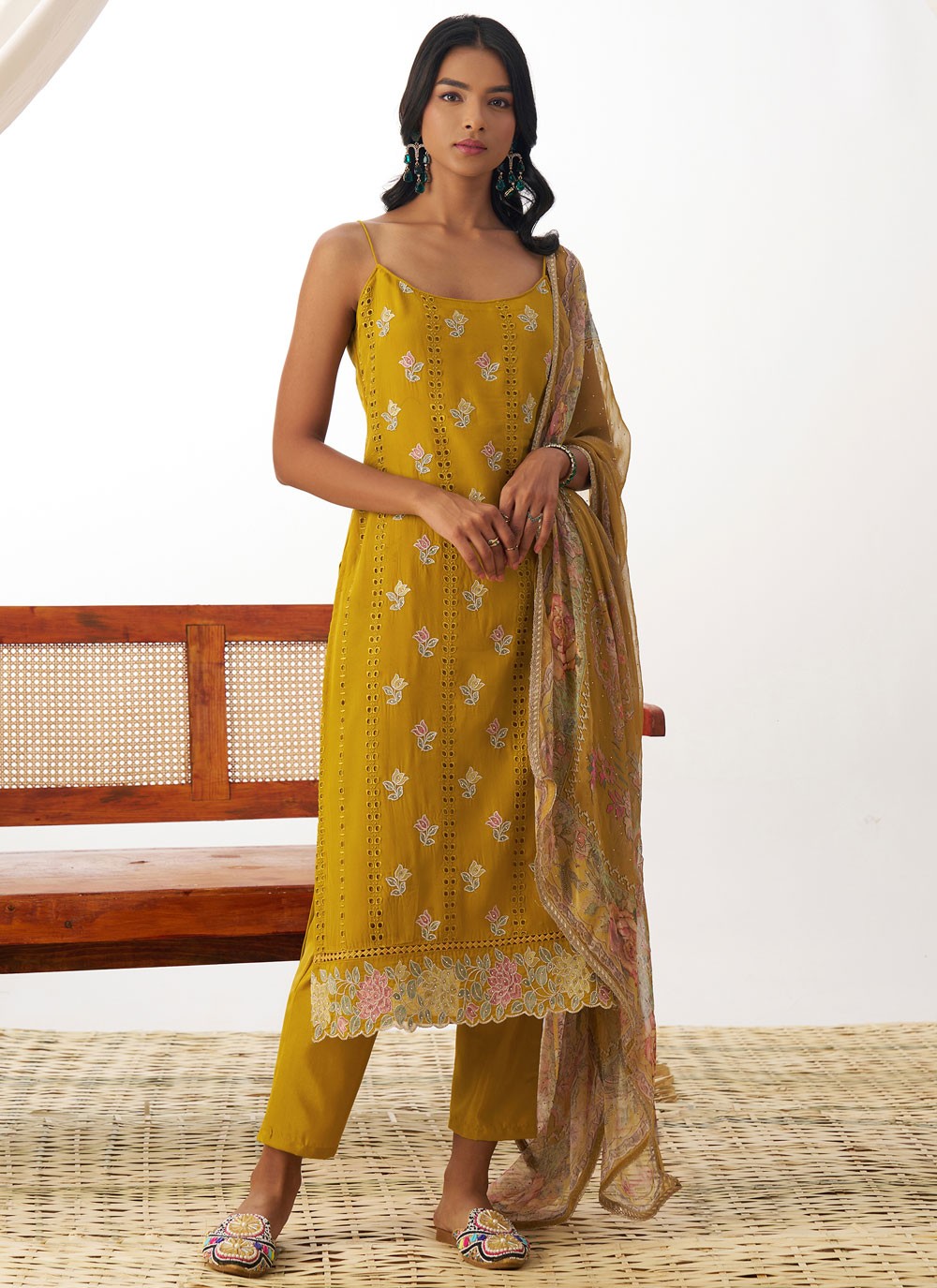 Pant Style Suit Embroidered, Fancy Work, Stones Mustard T6909