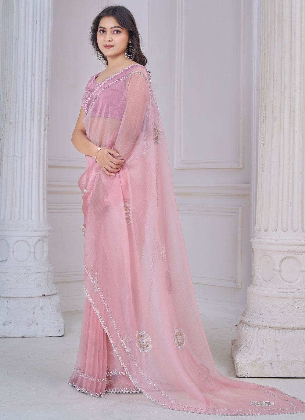 Swarovski Organza Pink Contemporary Saree S15115