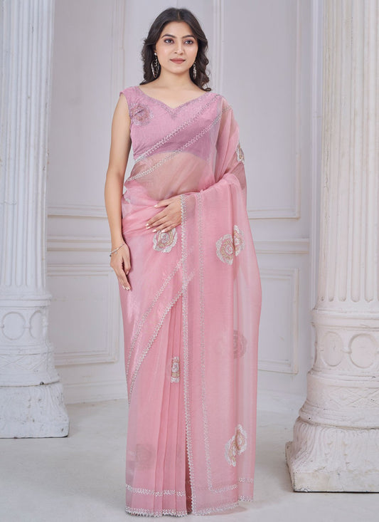 Swarovski Organza Pink Contemporary Saree S15115