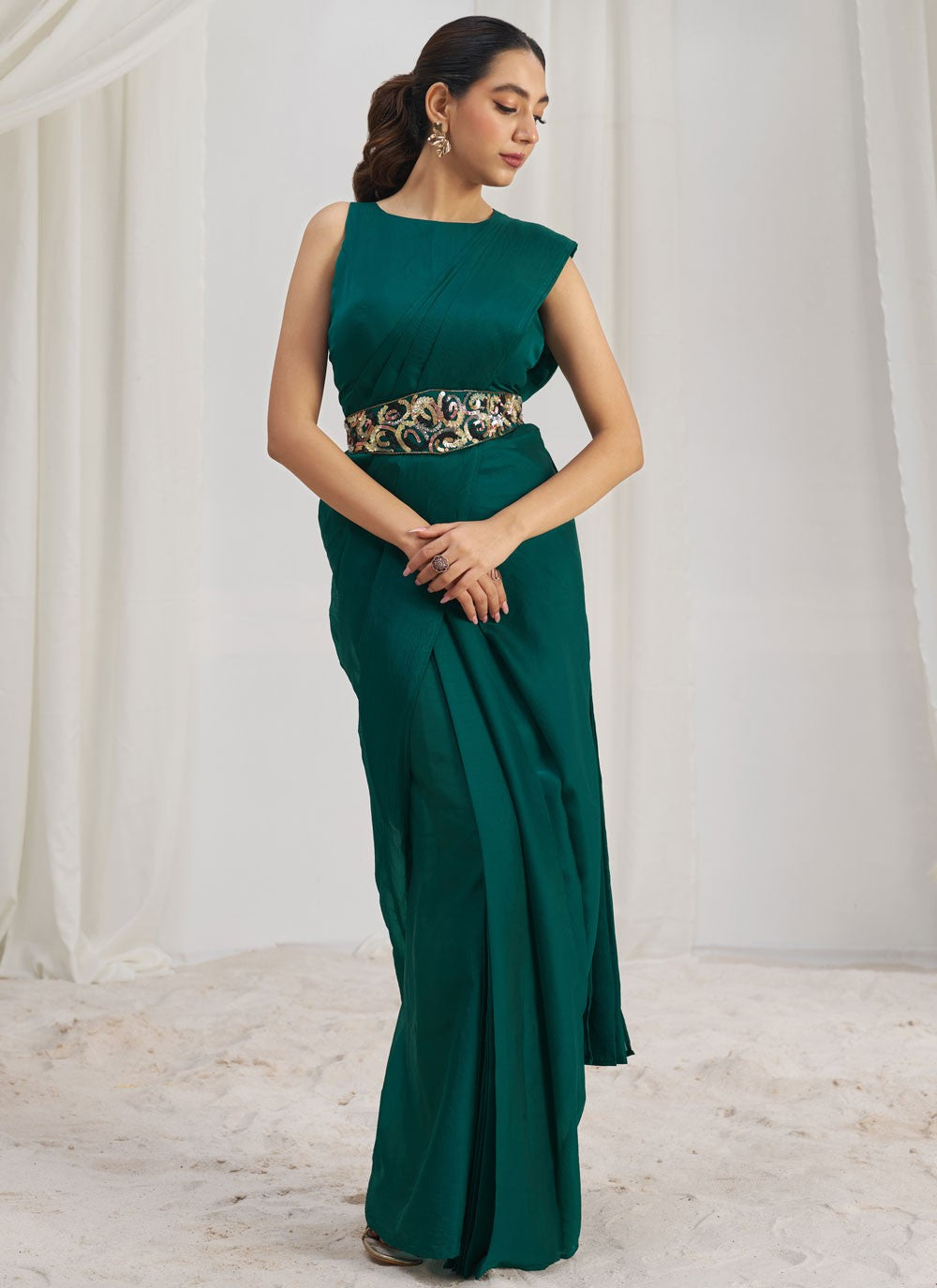 Plain Organza Teal Saree S14582