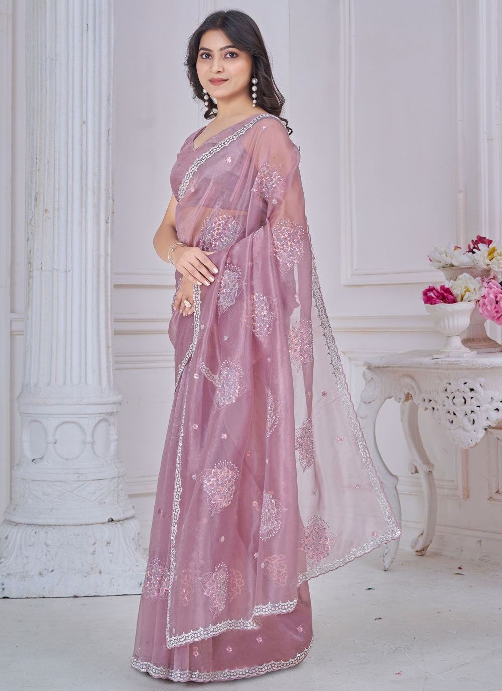 Sequins Organza Lavender Trendy Saree S15054