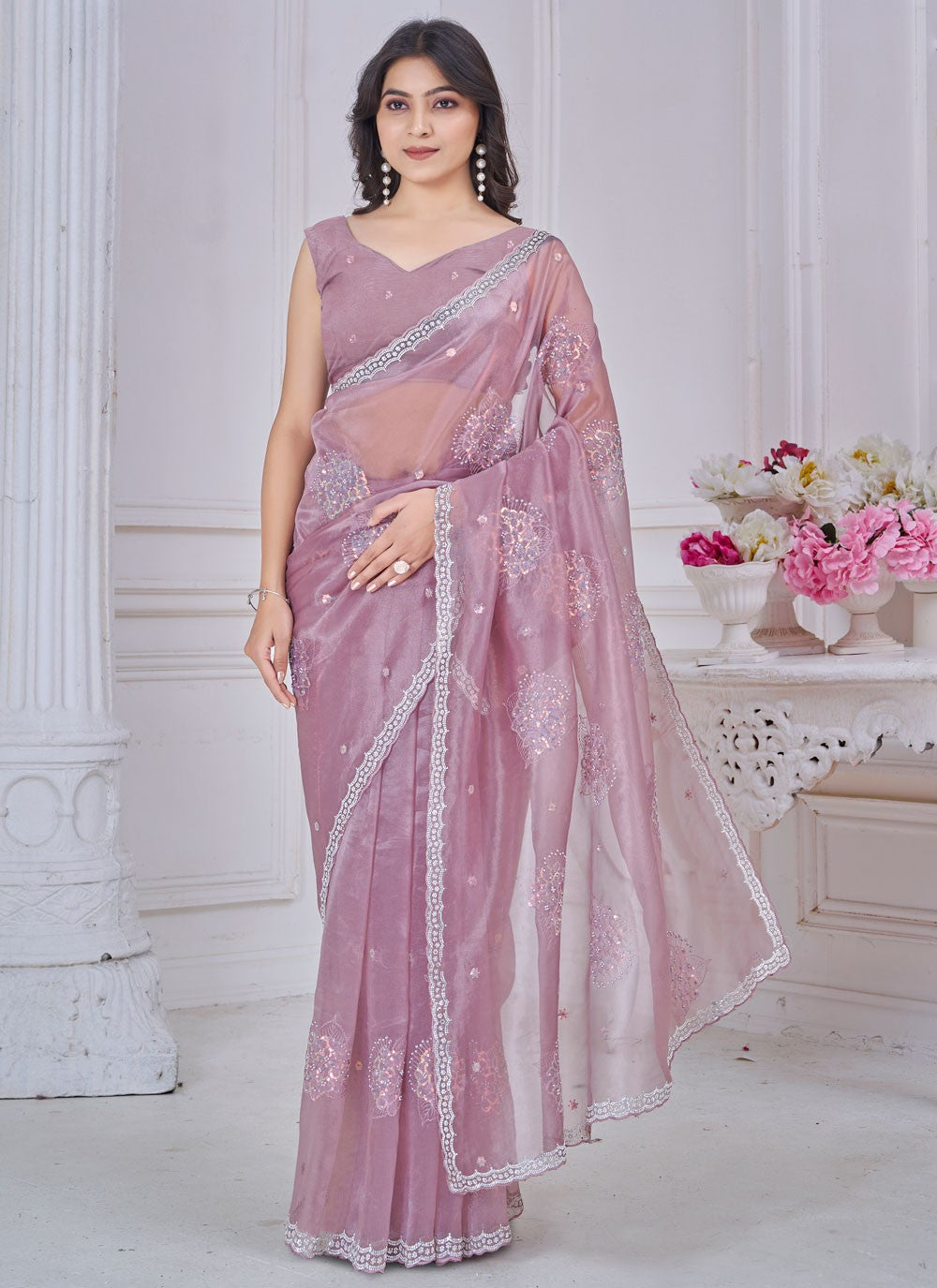 Sequins Organza Lavender Trendy Saree S15054
