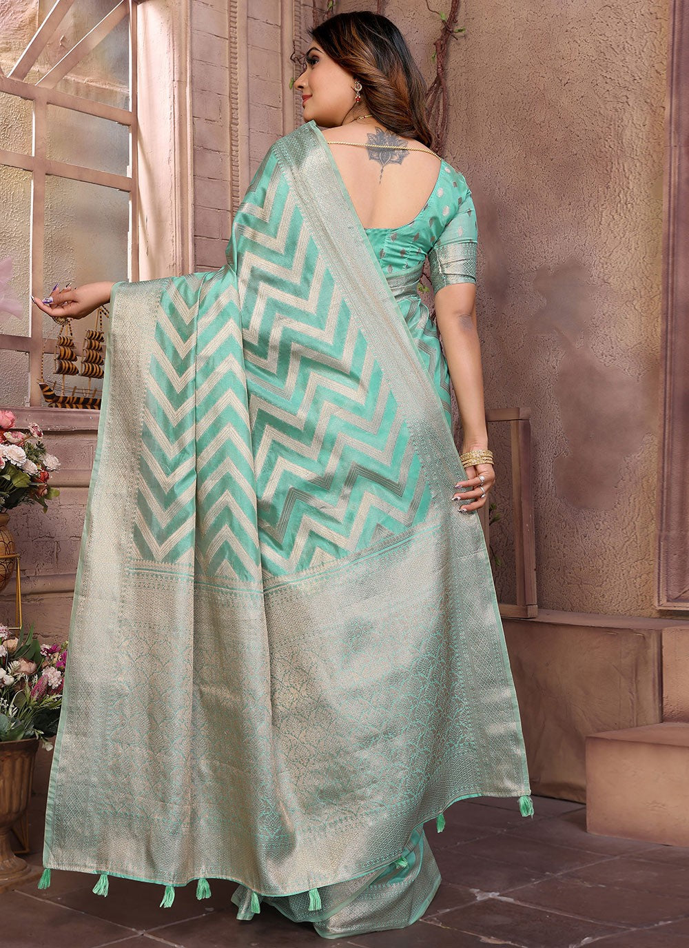 Trendy Saree Woven Sea Green Organza Saree S13614