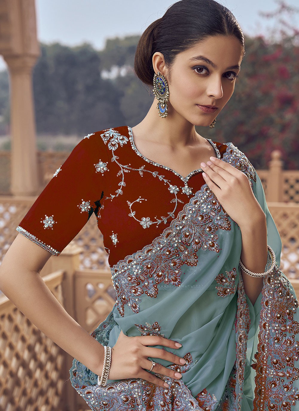 Blue Organza Trendy Saree Cord, Cut Work, Embroidered, Hand Embroidery, Zari S17020