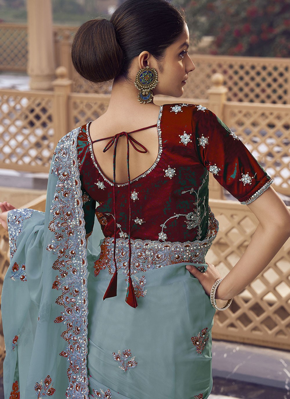 Blue Organza Trendy Saree Cord, Cut Work, Embroidered, Hand Embroidery, Zari S17020