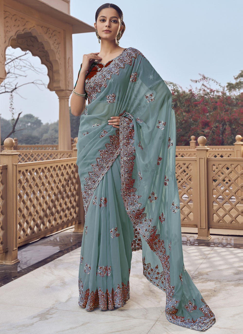 Blue Organza Trendy Saree Cord, Cut Work, Embroidered, Hand Embroidery, Zari S17020