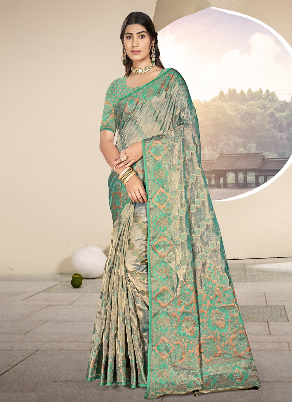 Weaving Zari Organza Sea Green Saree S14566