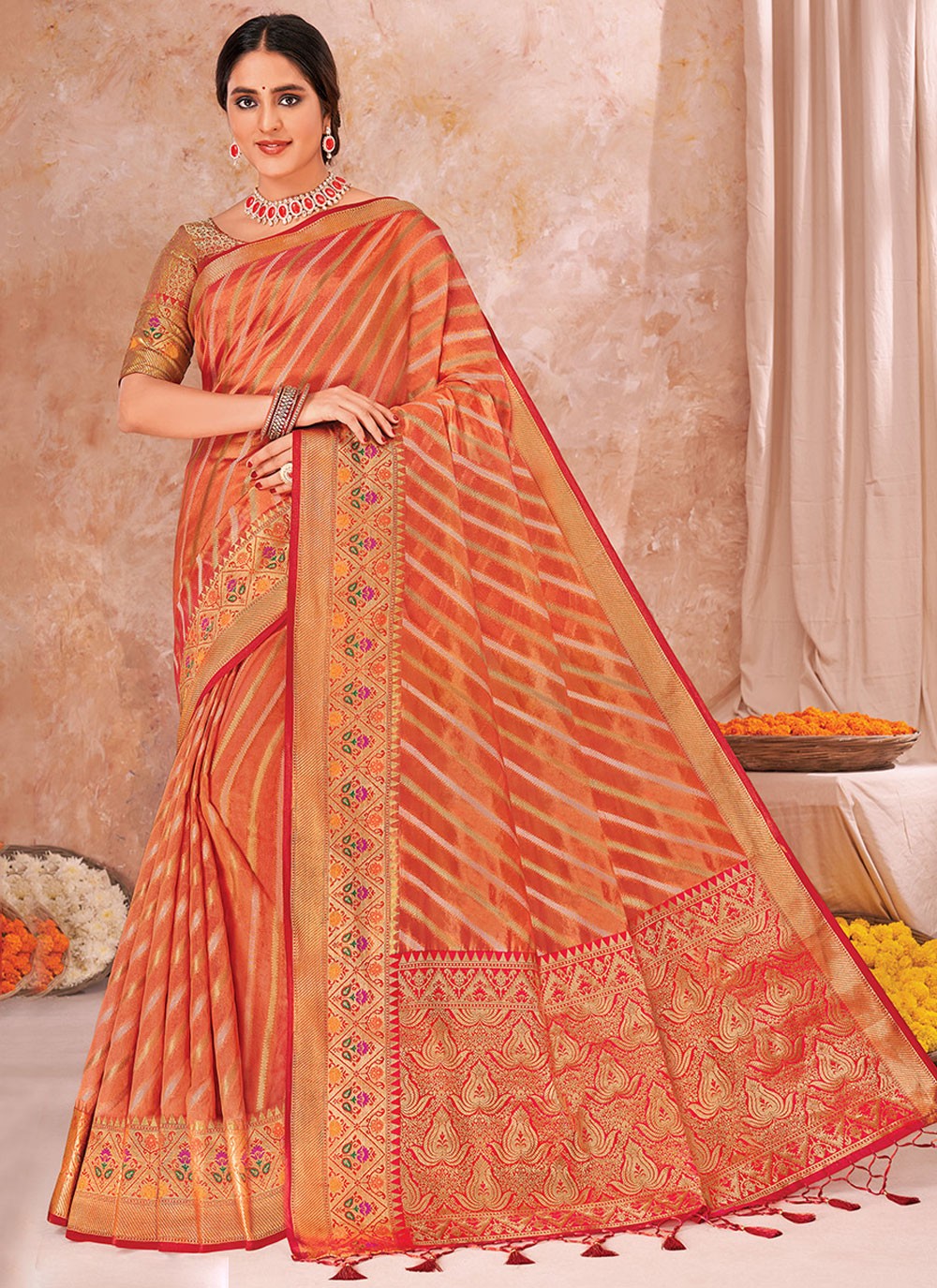 Traditional Weaving Zari Orange, Rust Organza Saree S13472