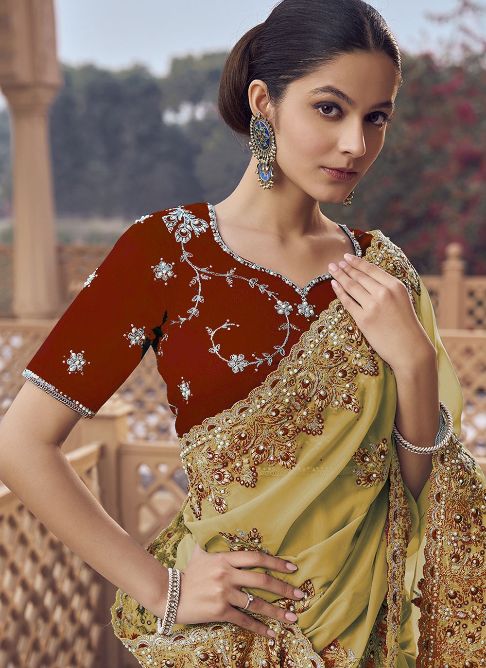 Yellow Organza Traditional Saree Cord, Cut Work, Embroidered, Hand Embroidery, Zari S17022