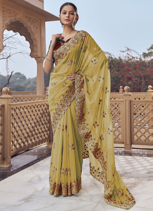 Yellow Organza Traditional Saree Cord, Cut Work, Embroidered, Hand Embroidery, Zari S17022