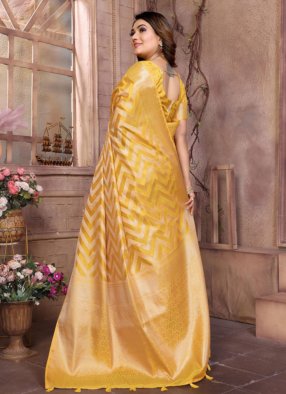 Contemporary Woven Yellow Organza Saree S13615