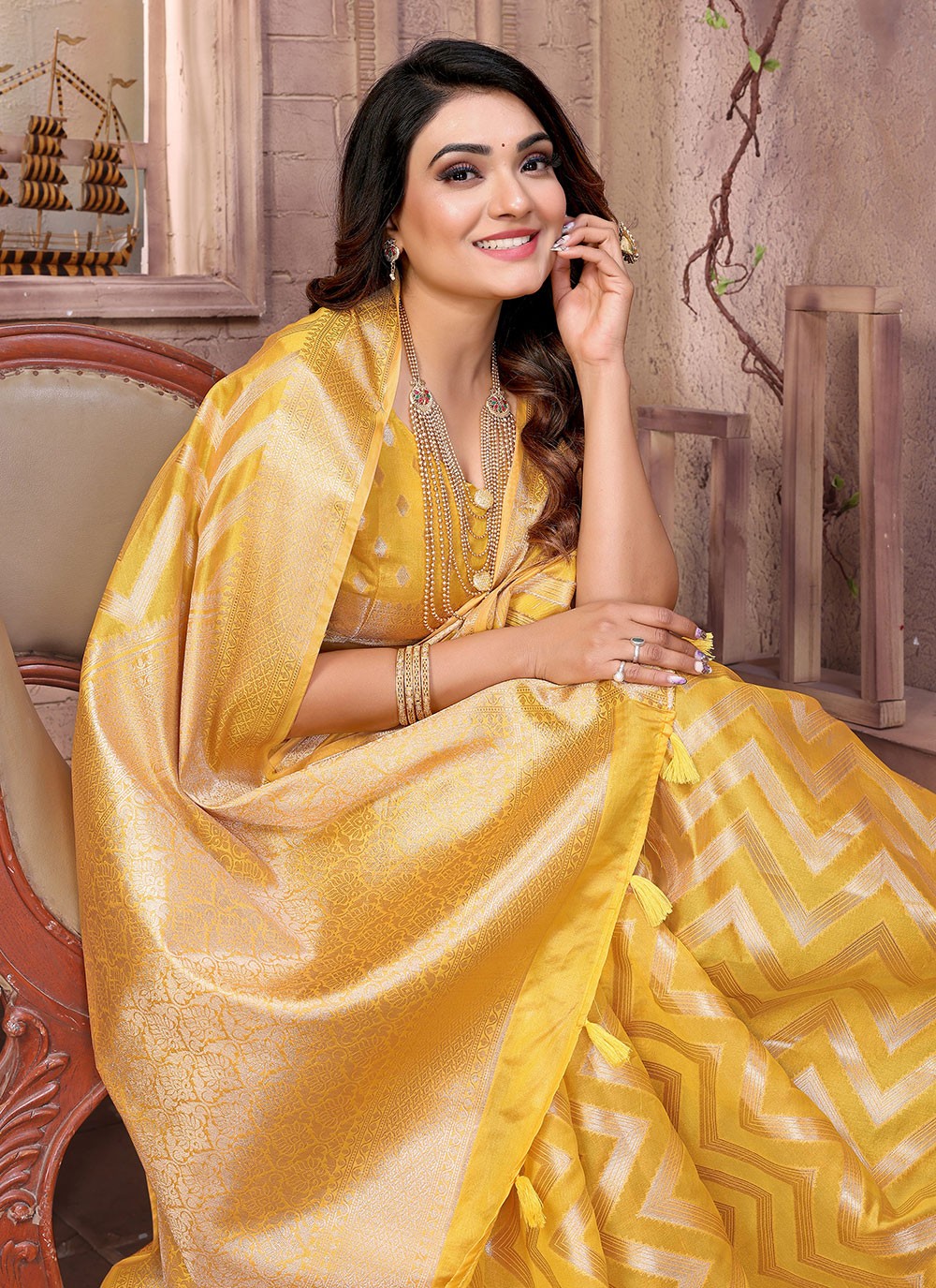 Contemporary Woven Yellow Organza Saree S13615