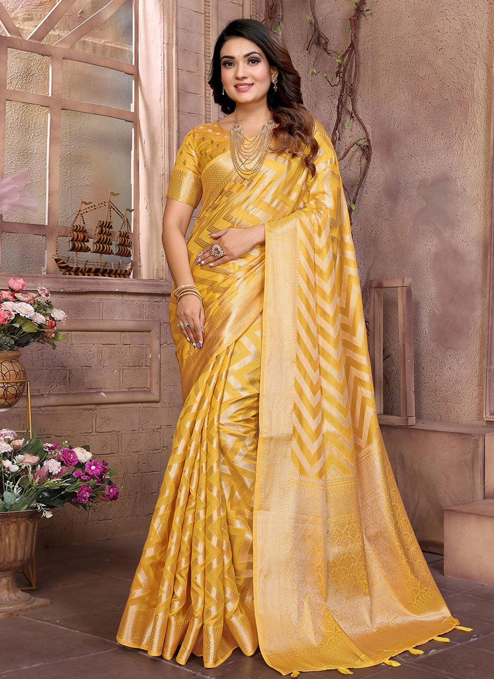 Contemporary Woven Yellow Organza Saree S13615