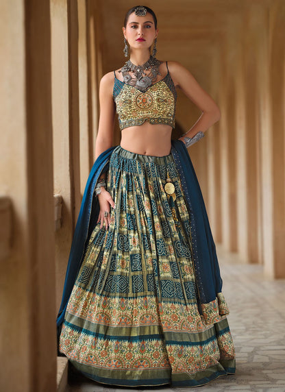 Foliage Prints Silk Navy Blue Lehenga - L3254