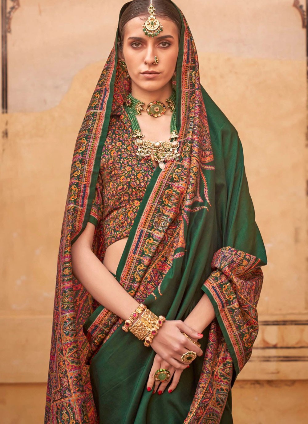 Paisley Printed Silk Green Saree S13967
