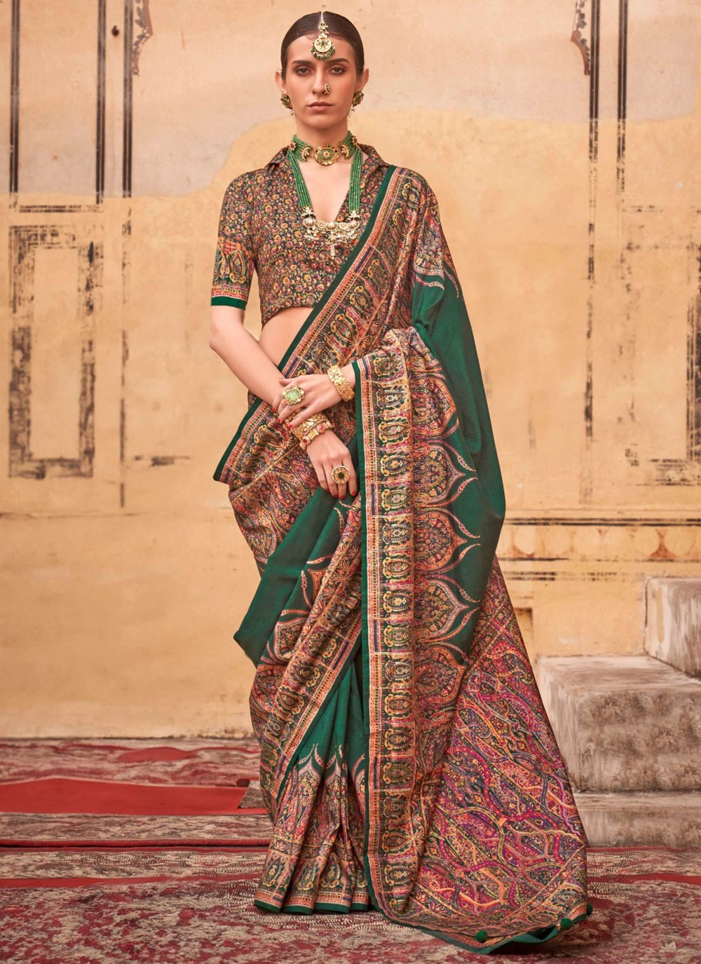 Paisley Printed Silk Green Saree S14203
