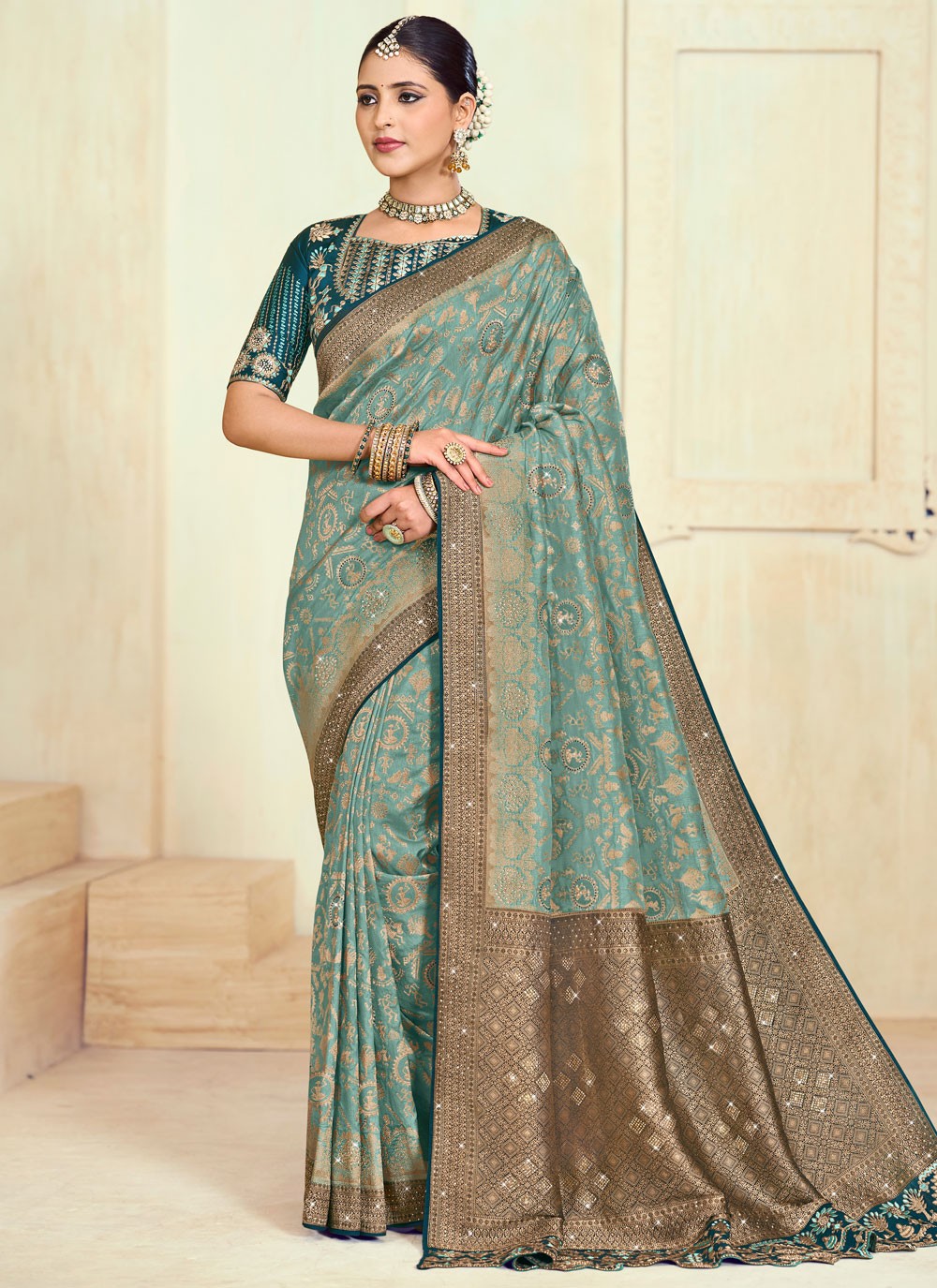 Trendy Saree Paisley Printed Aqua Blue Silk Saree S12659