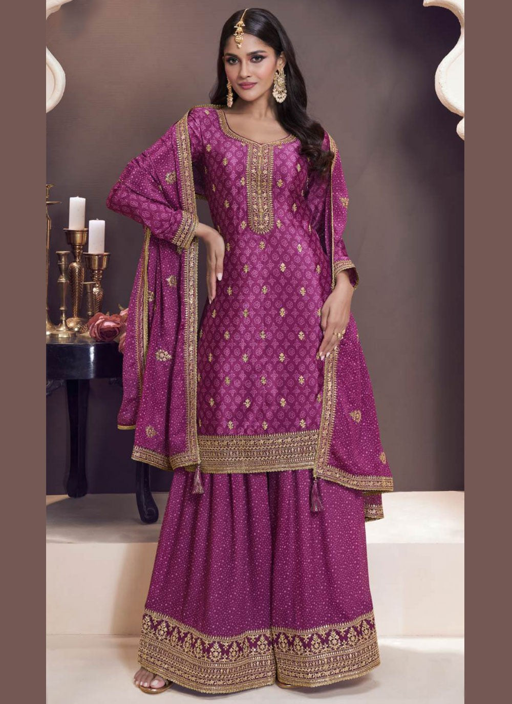 Embroidered Chinon Purple Palazzo Suit T6023
