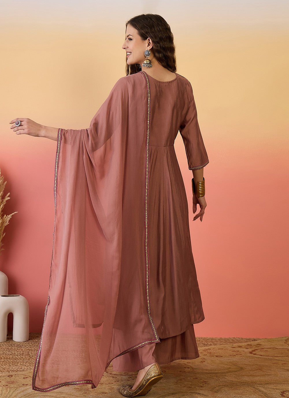 Palazzo Suit Embroidered Brown T6981