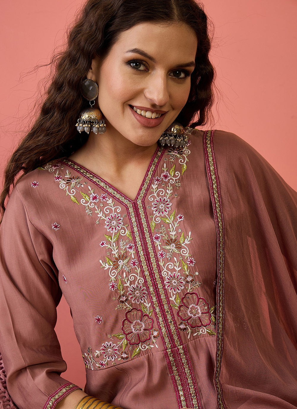 Palazzo Suit Embroidered Brown T6981