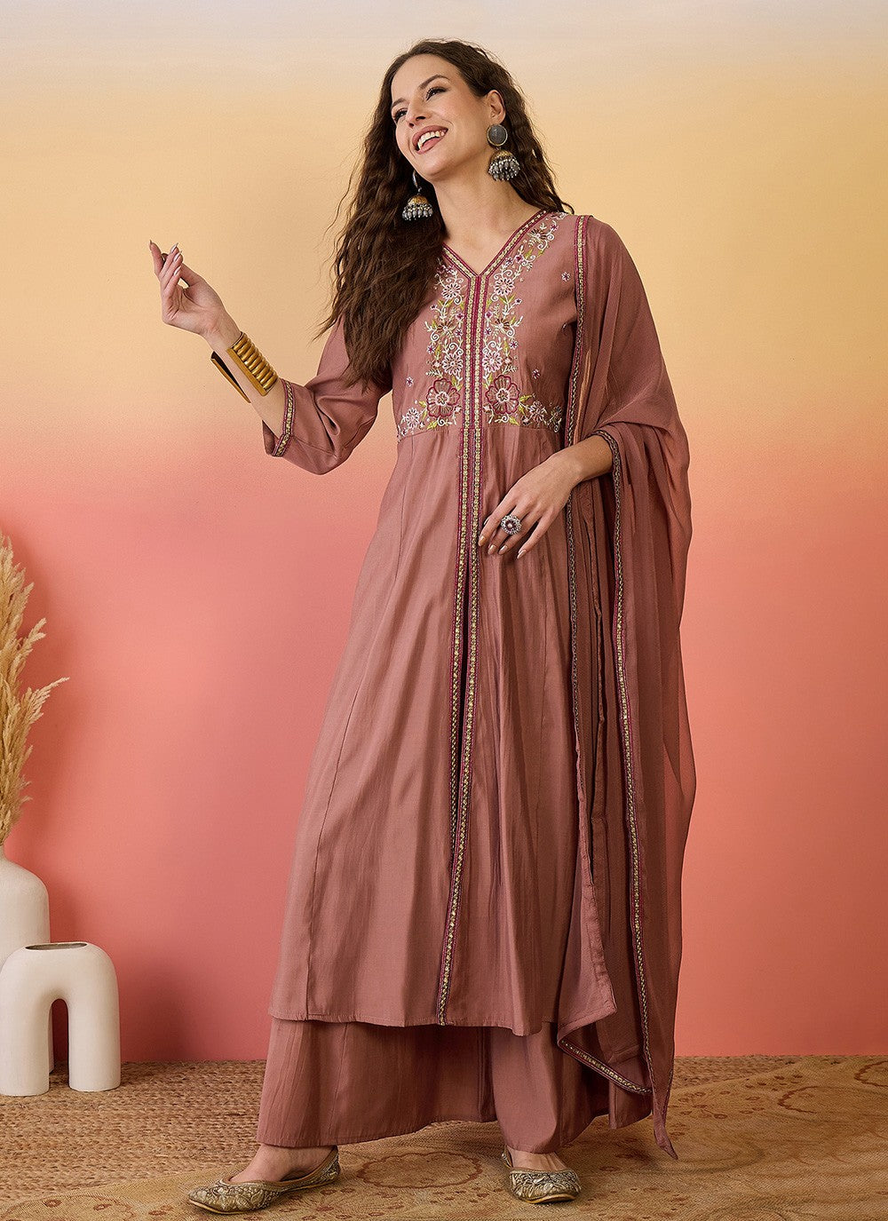 Palazzo Suit Embroidered Brown T6981