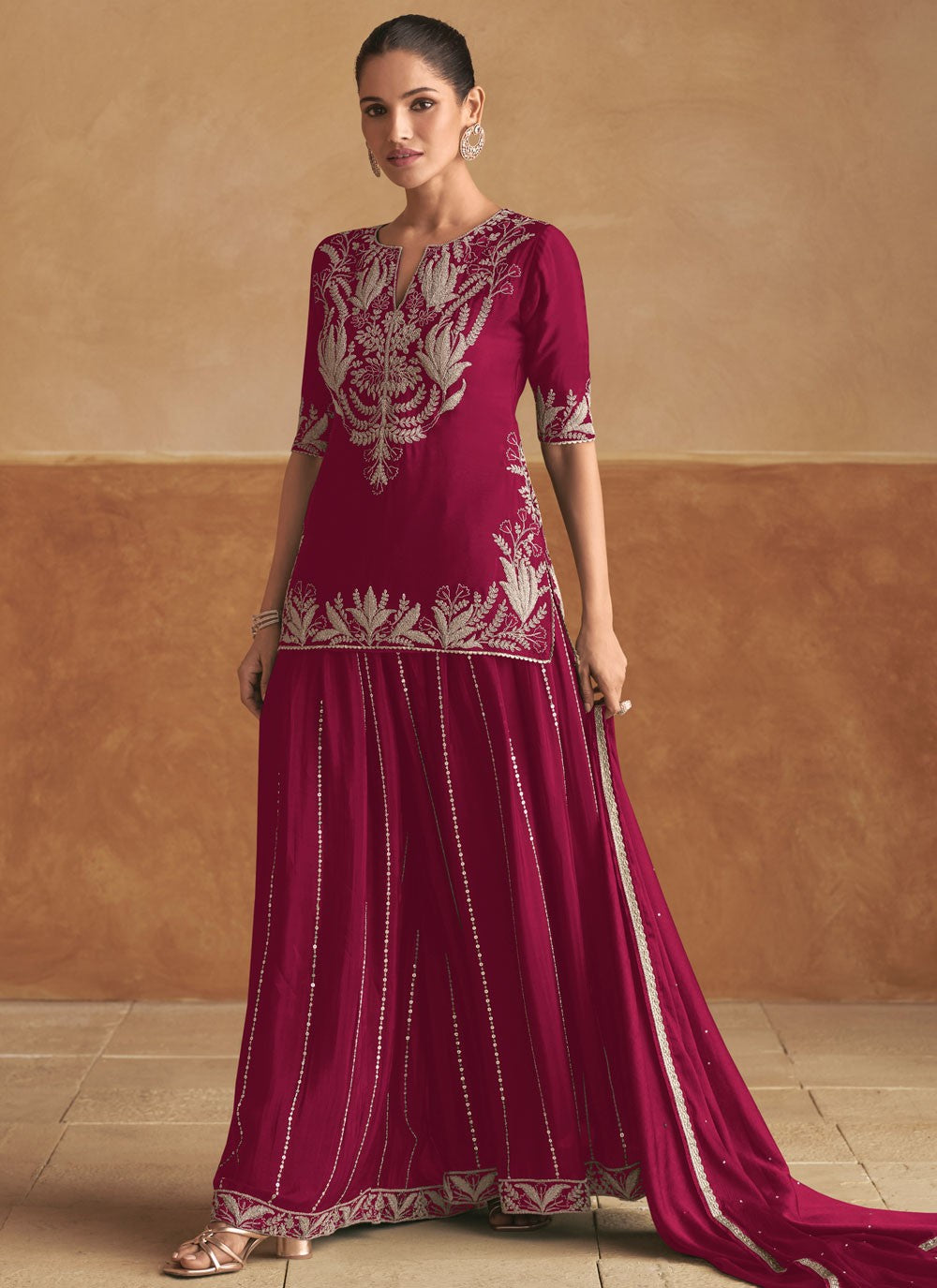 Palazzo Suit Embroidered Hot Pink, Maroon Chinon T5431
