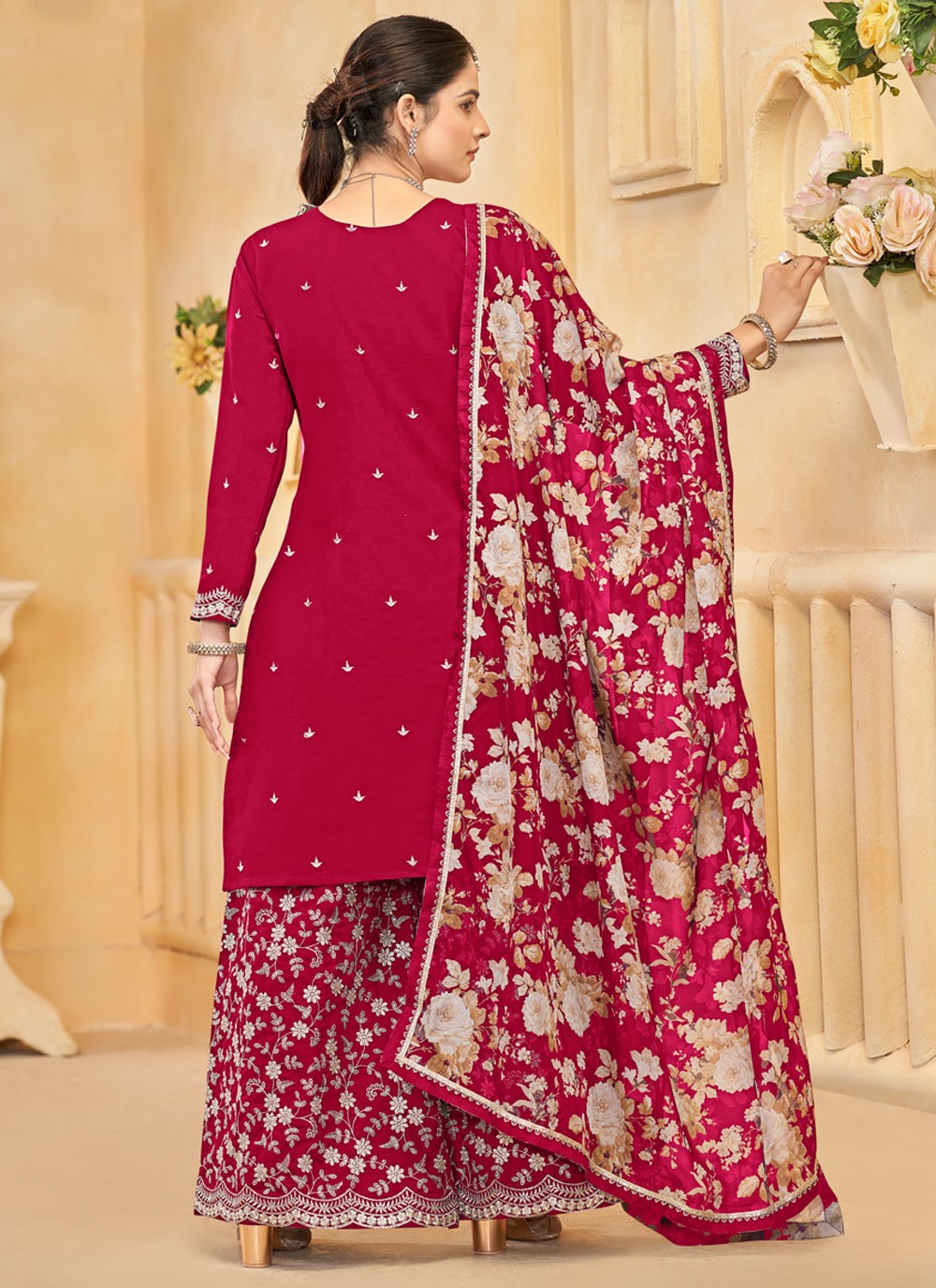 Embroidered Silk Hot Pink Palazzo Suit T6004