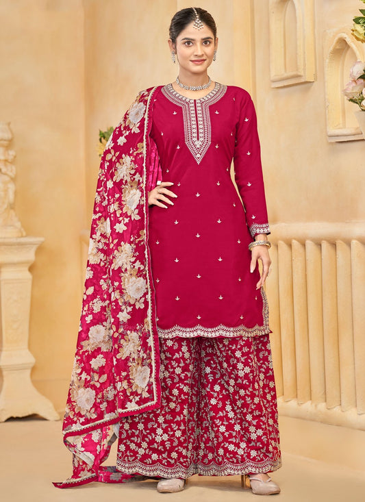 Embroidered Silk Hot Pink Palazzo Suit T6004