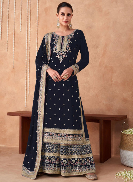 Palazzo Suit Embroidered Navy Blue Georgette T5128