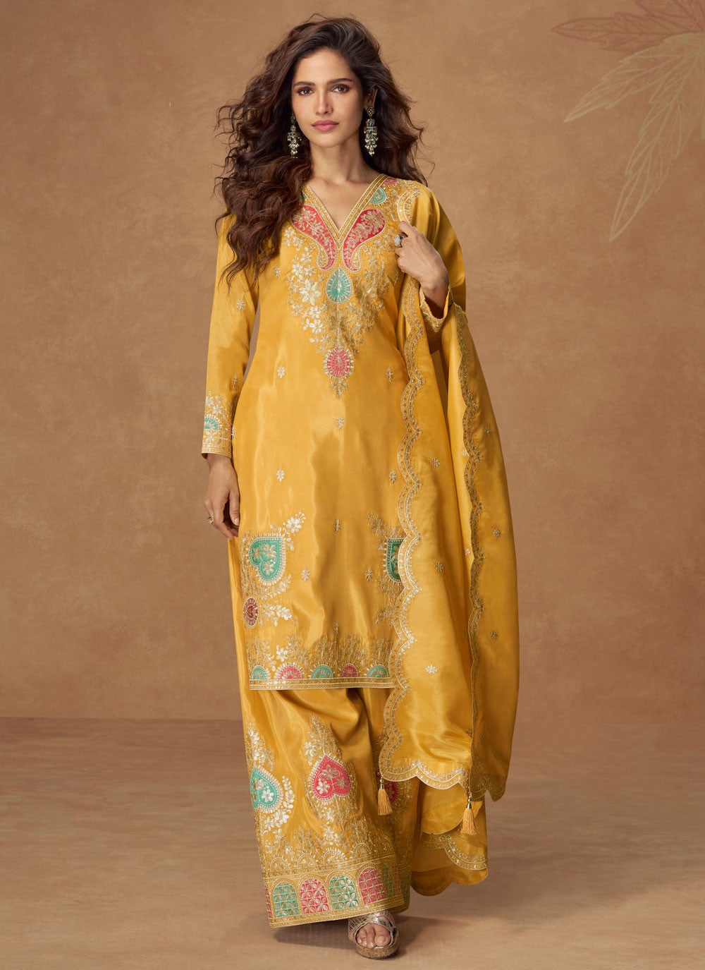 Palazzo Suit Embroidered, Zari Yellow T7879