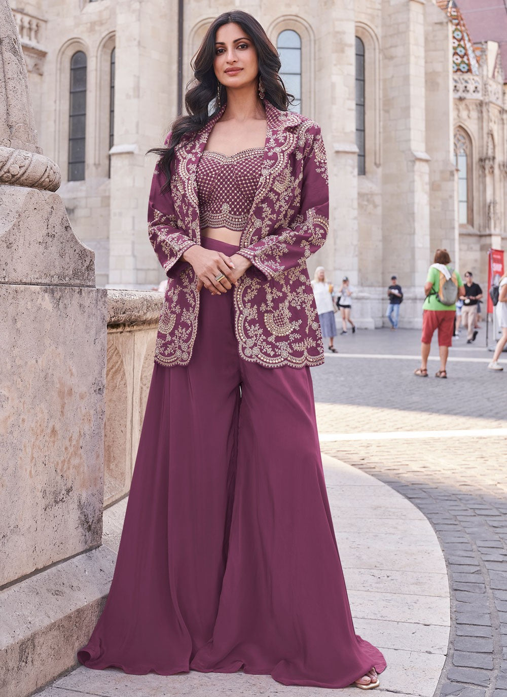 Palazzo Suit Embroidered Mauve Silk T5368
