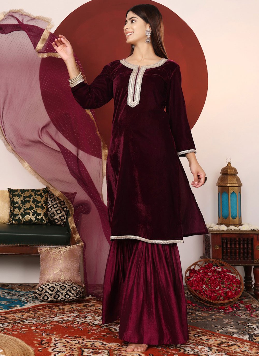 Palazzo Suit Patch Border Wine Silk T5286