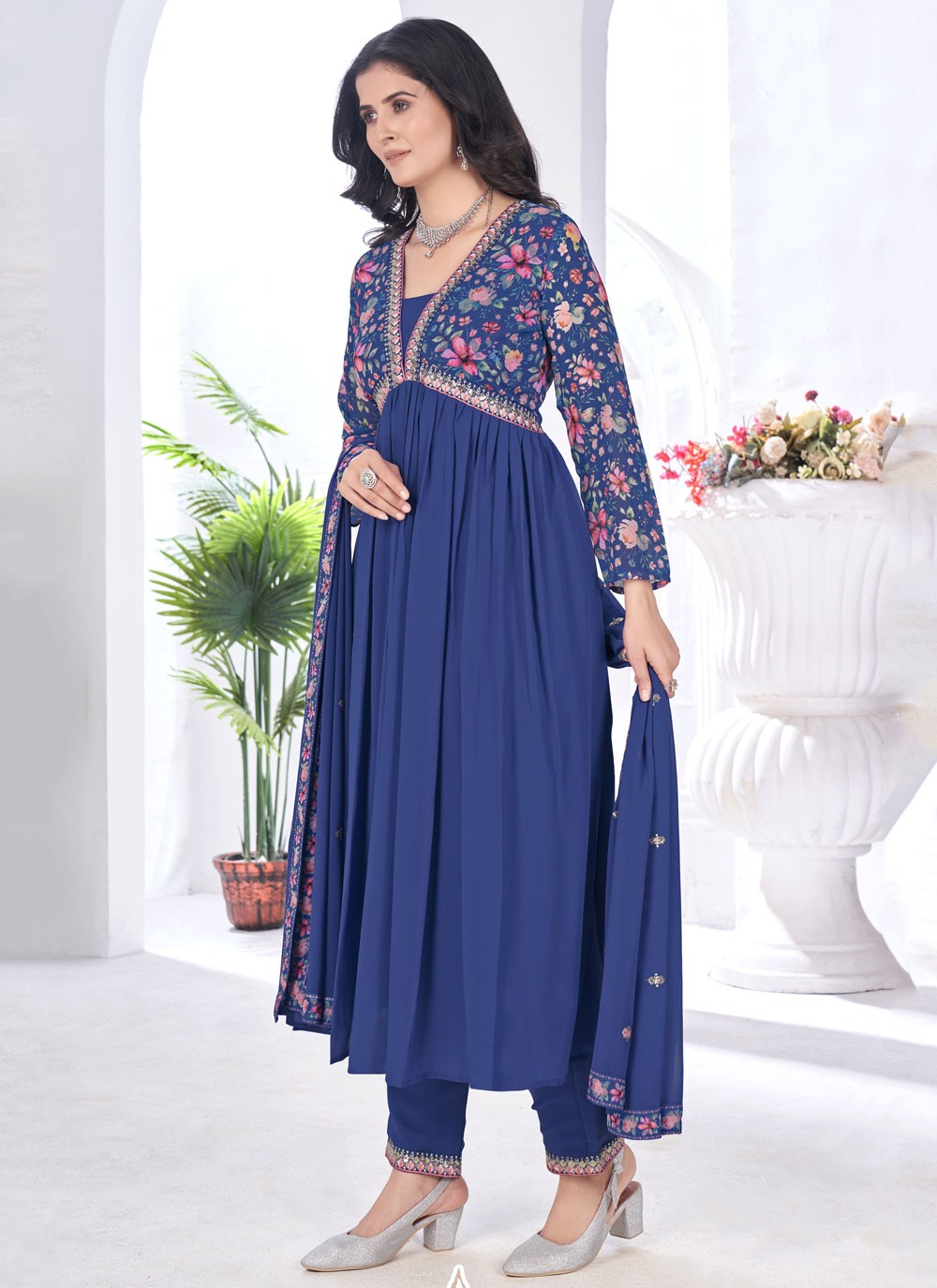 Pant Style Suit Digital Print Blue Faux Georgette T5097