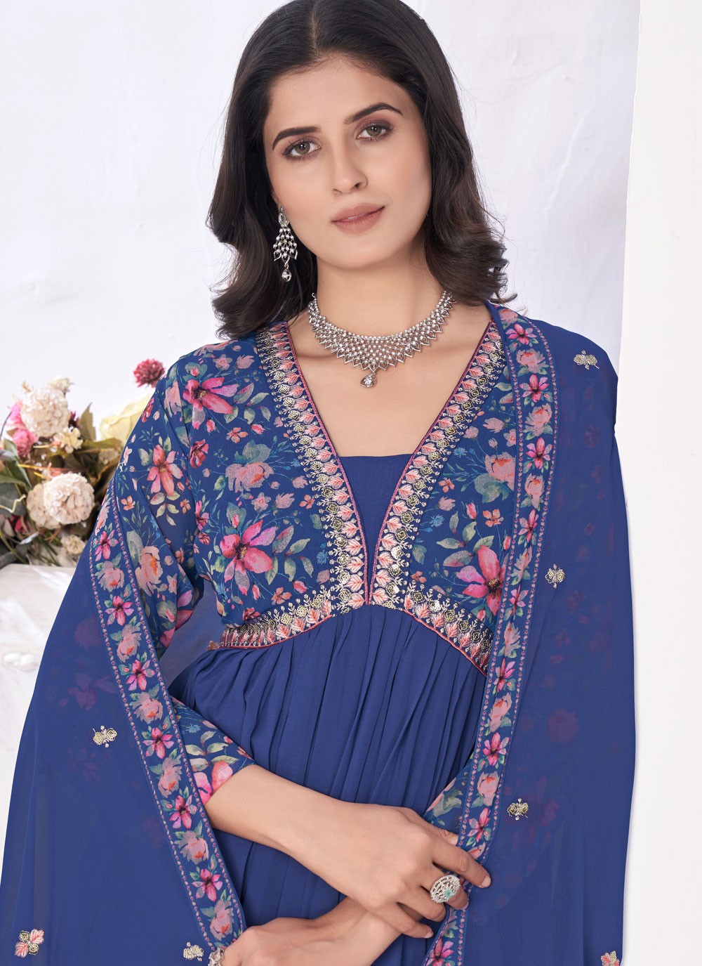 Pant Style Suit Digital Print Blue Faux Georgette T5097