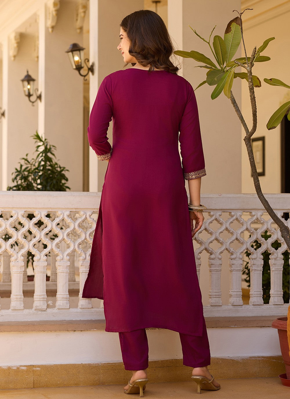 Pant Style Suit Embroidered Maroon T6992