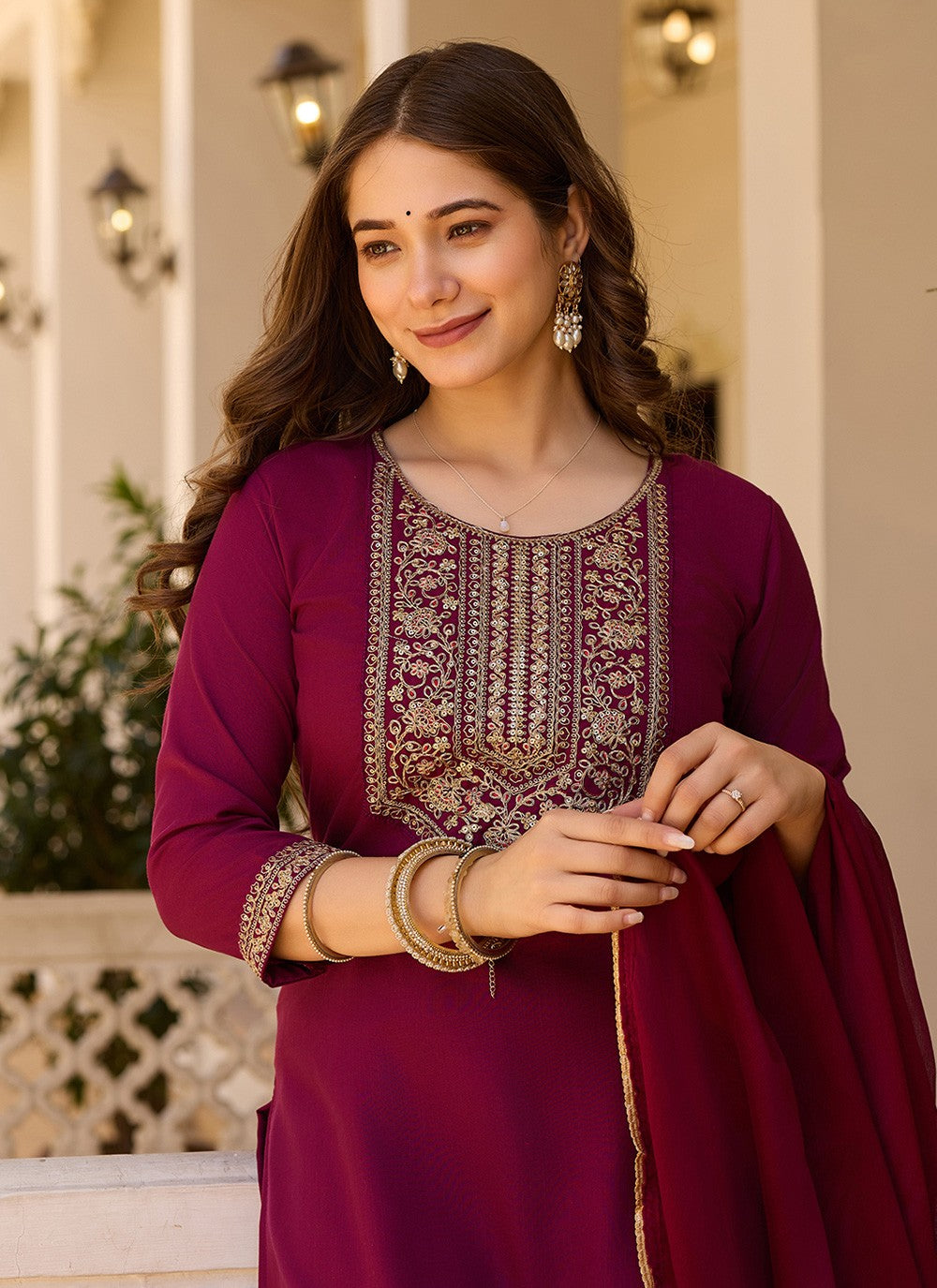 Pant Style Suit Embroidered Maroon T6992