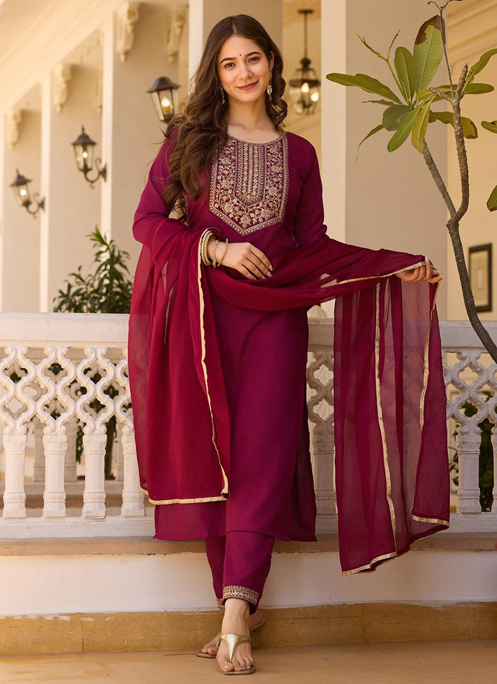 Pant Style Suit Embroidered Maroon T6992