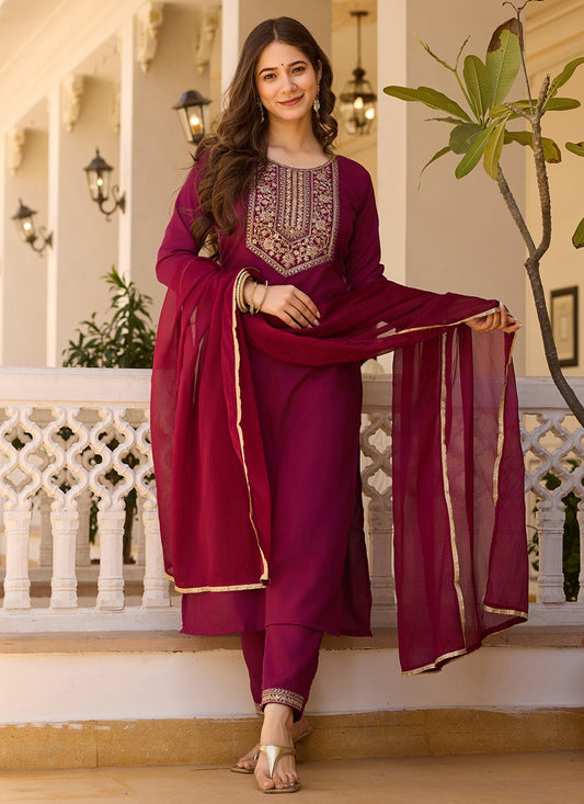 Pant Style Suit Embroidered Maroon T6992