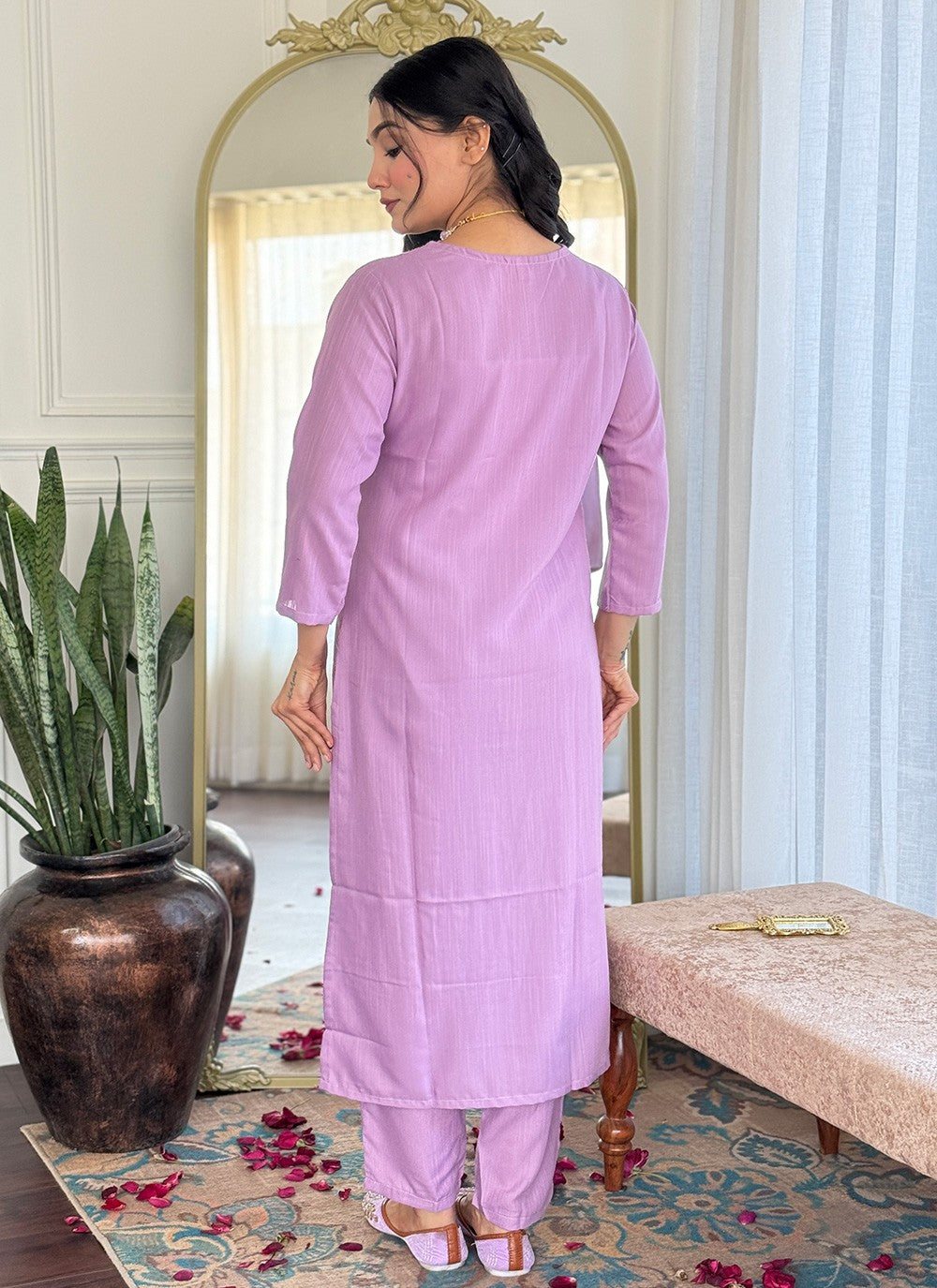 Pant Style Suit Embroidered Lavender Viscose T5810