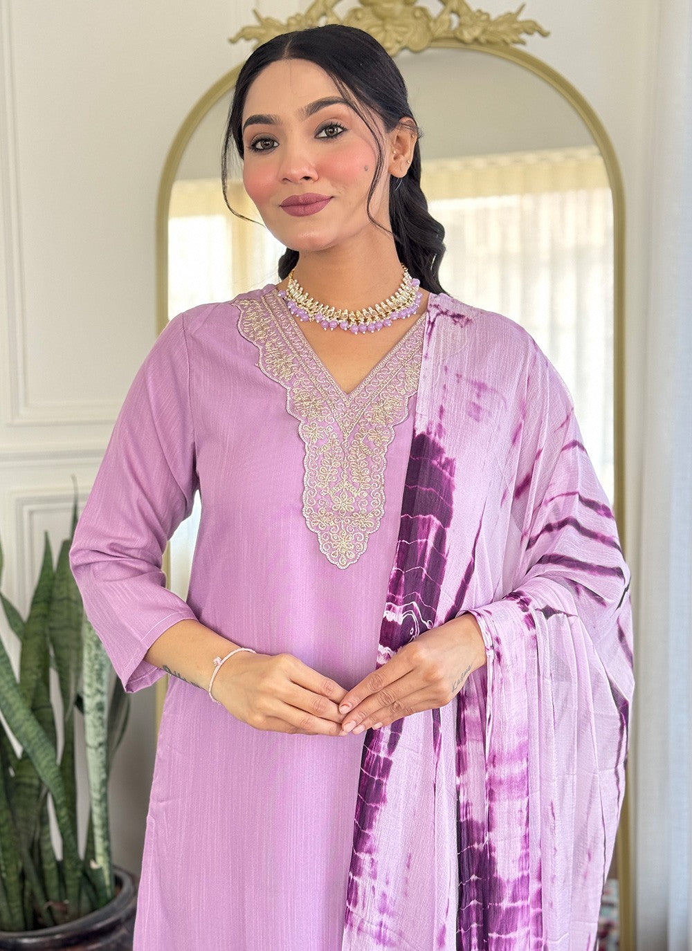 Pant Style Suit Embroidered Lavender Viscose T5810